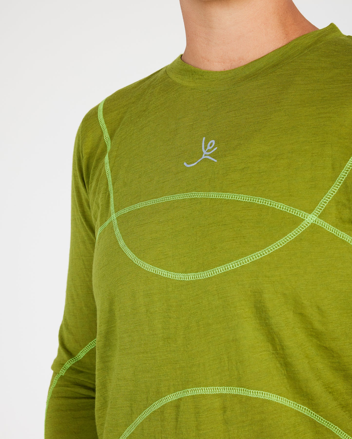 Green athletic shirt with a logo on a white background