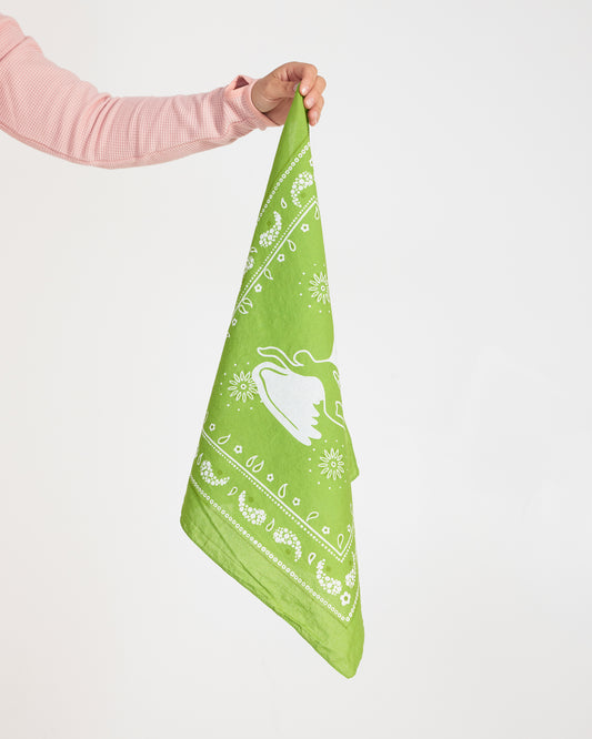 Green bandana with white patterns held by a person wearing a pink sleeve.