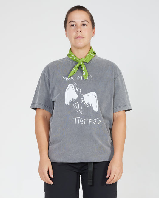 Person wearing a gray t-shirt with a graphic design and text, standing against a plain background