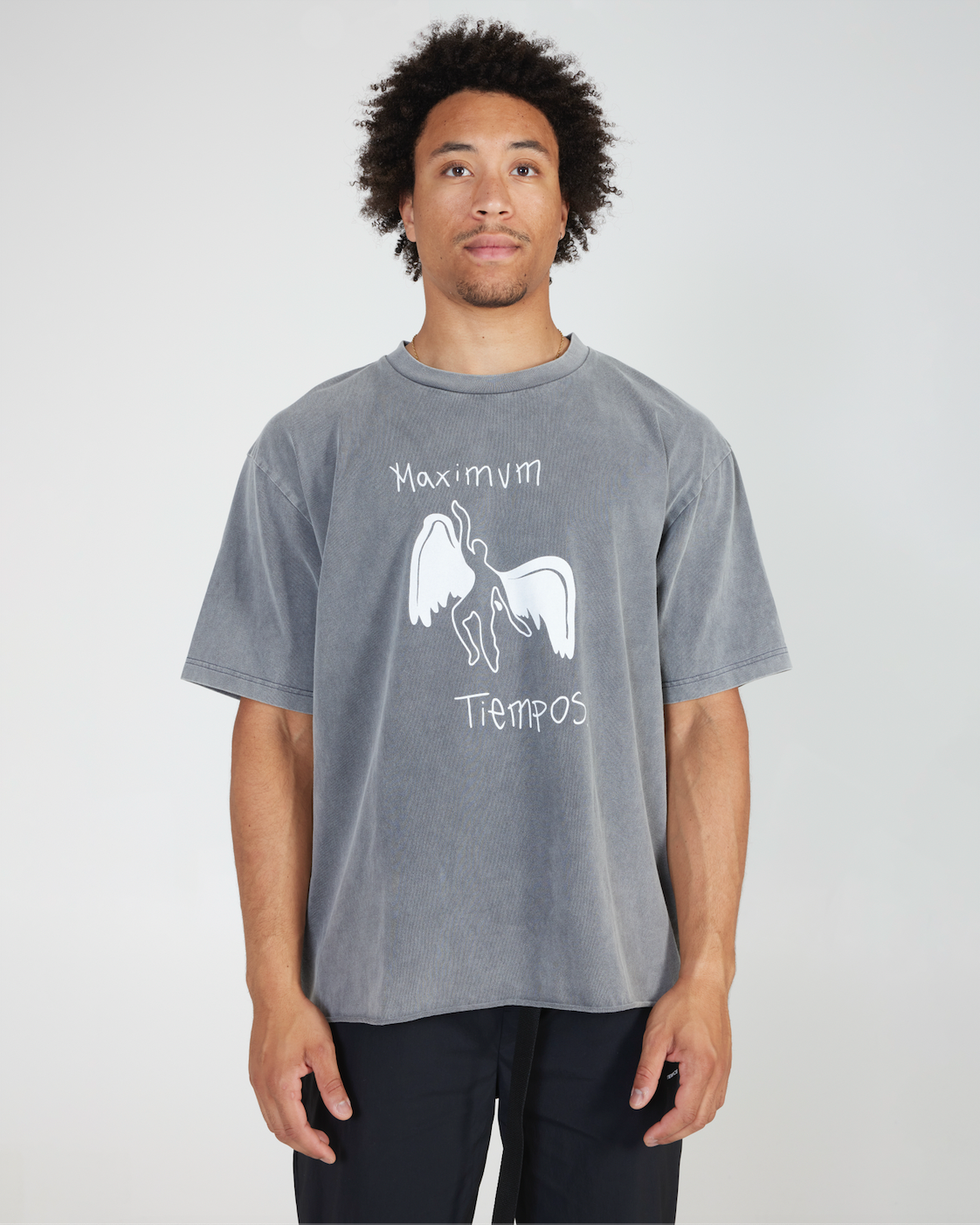 Man wearing a gray t-shirt with a graphic design and text on a plain background