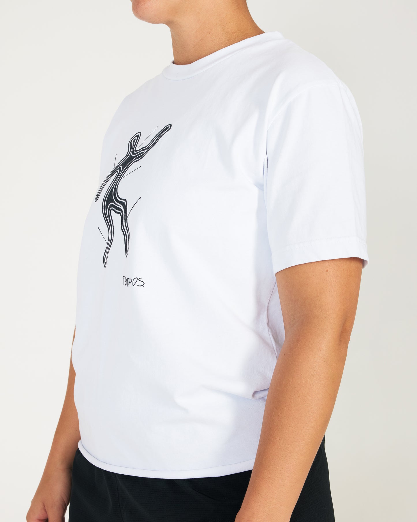 White t-shirt with black graphic design on a plain background