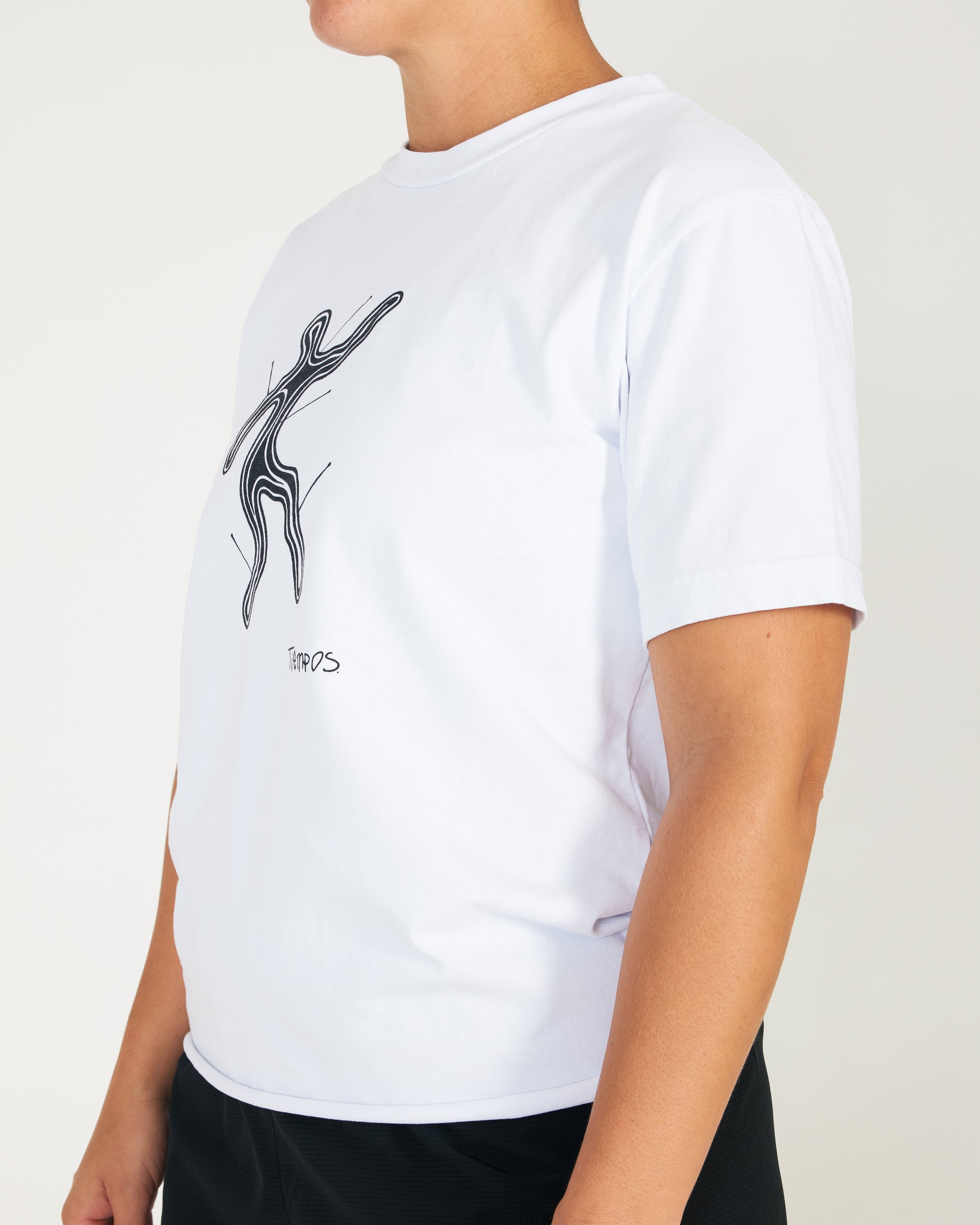 White t-shirt with black graphic design on a plain background